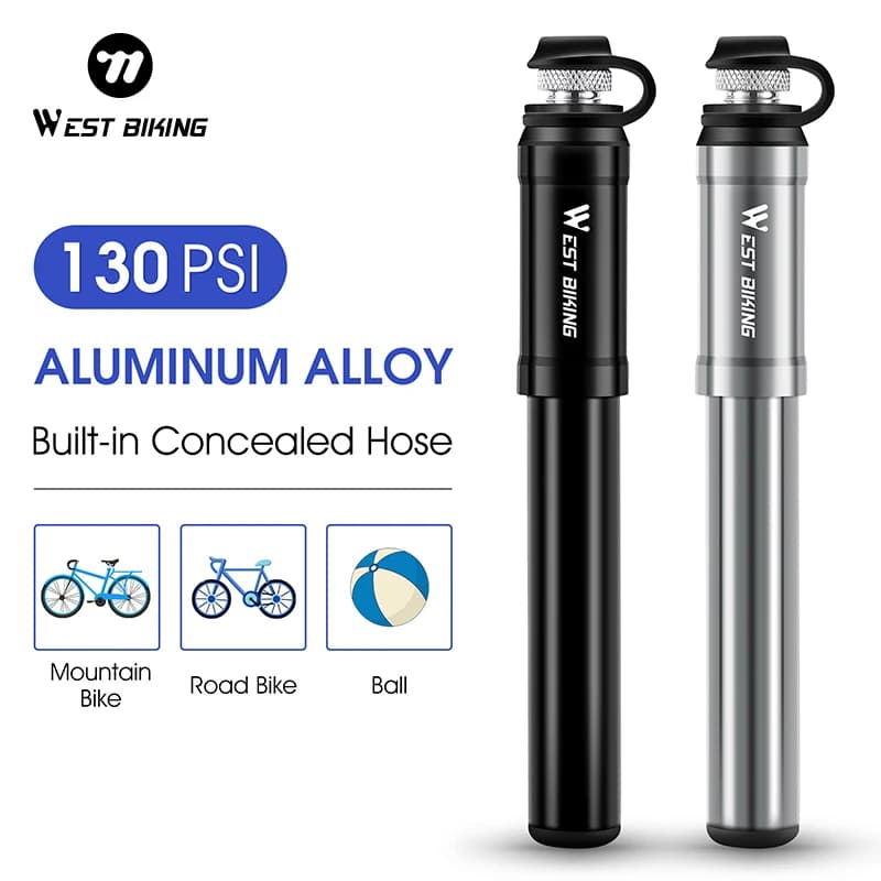 WEST BIKING Pompa da bicicletta portatile 130PSI ad alta pressione con tubo Presta Valvola Schrader Pompa per pneumatici per bici da strada MTB in lega di alluminio