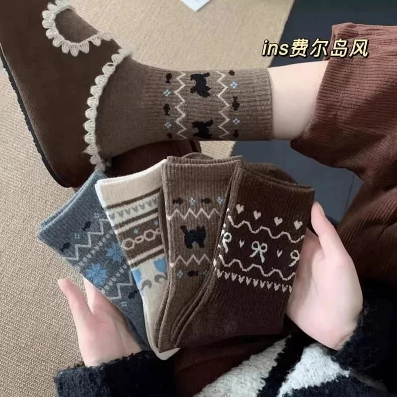 4 Pairs Fair Isle Style Crew Socks Women, Retro Knit Casual Cotton Socks