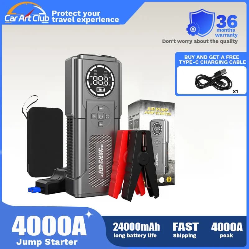 Pompa d'aria portatile per avviamento di emergenza per auto 4 in 1 Accumulatori e caricabatterie di riserva Illuminazione Compressore d'aria Avviamenti per batterie per auto Avviamento Gonfiatore per pneumatici automatico