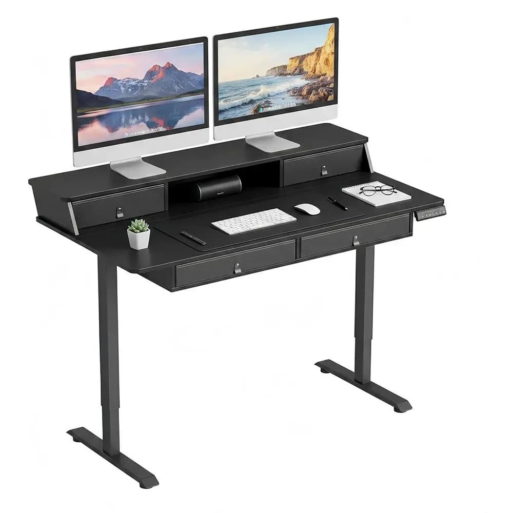 55-Inch Electric Standing Desk with 4 Storage Ders & Monitor Stand, Height Adjustable Stand Up Desk with 3 Memory Heights & Hook