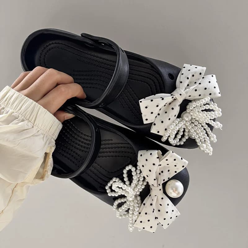 French Polka Dot Bowknot Platform Sandals Women Fashion Design Pearls Diy Clogs Woman Closed Toe Soft Sole Eva Slippers Female