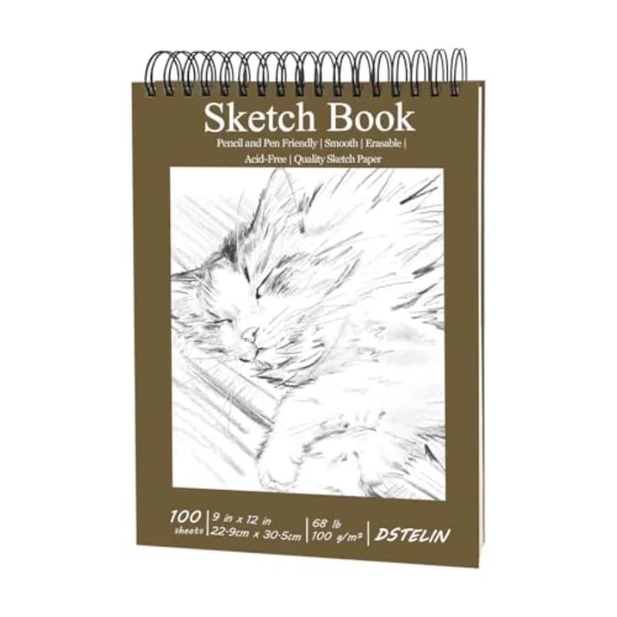 9x12 Inch Artistic Sketchbook, Top Spiral Bound, 100gsm Sketch Paper, Dark Brown Hard Cover, 100 Sheets for Drawing and Paintin