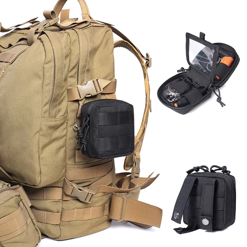 1 pz. Piccola Tasca Tattica Multiuso MOLLE con Tasca Trasparente Rimovibile per ID, Mini Coltello, Bussola, Torcia, Porta Carte, da Cintura
