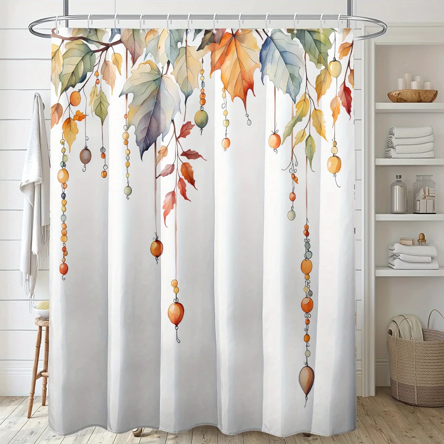 Tenda da doccia colorata con stampa autunnale di frutta e foglia d'acero da 1 pezzo, tessuto in poliestere, finestra e parete, tenda da doccia per decorazioni per la casa del bagno
