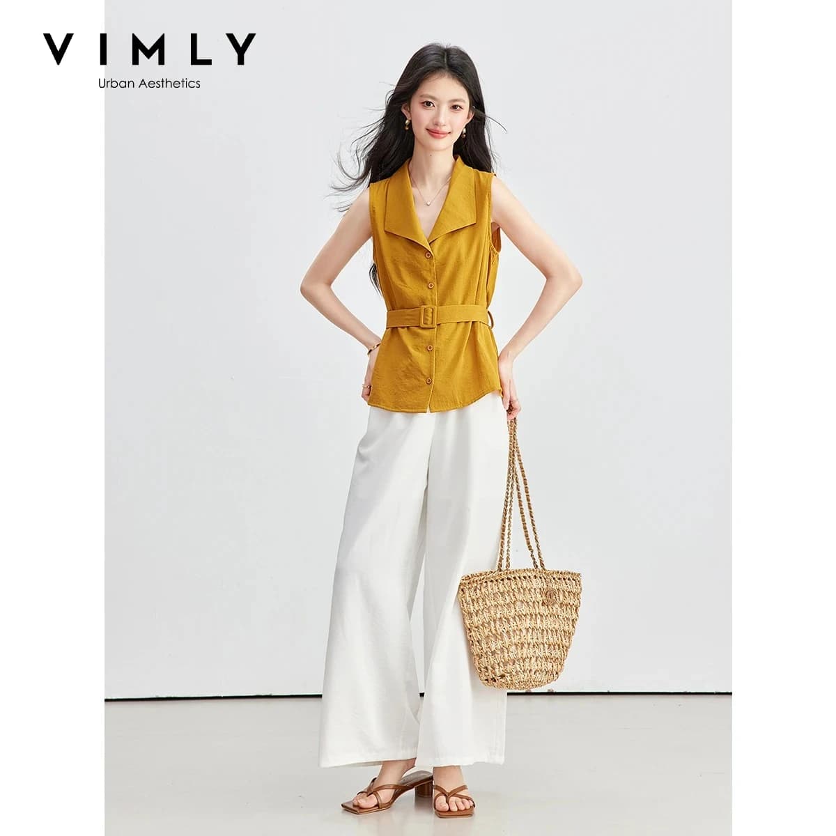 VIMLY Women Summer Commuter Suit 2026 New Sleeveless Shirt White Nine-point Wide-leg Pants 2 Piece Set Office Lady 31016