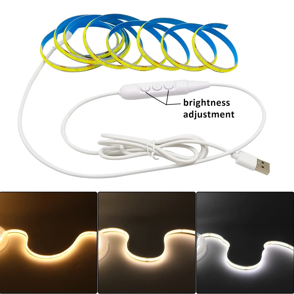5V USB 320leds/m COB LED Strip Light 1M 2M 3M WW CW NW Flexible Ribbon with Dimmable ON/OFF Switch TV Backlight Cabinet Lighting
