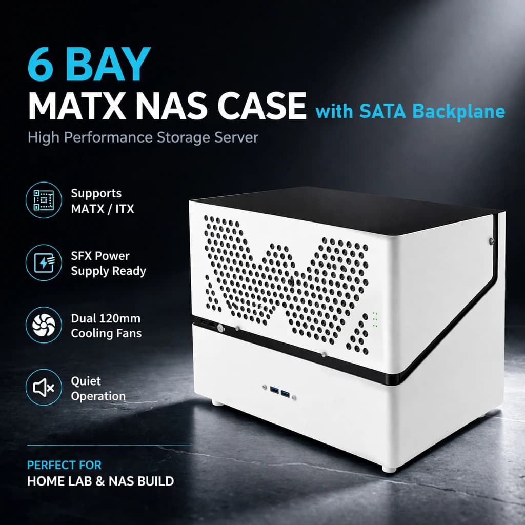 Case NAS a 6 Bay MATX Micro ATX con Backplane SATA, Supporta HDD/SSD da 2.5 e 3.5 pollici, Alimentatore SFX, 4 Slot PCI, Server di Archiviazione Fai-da-te