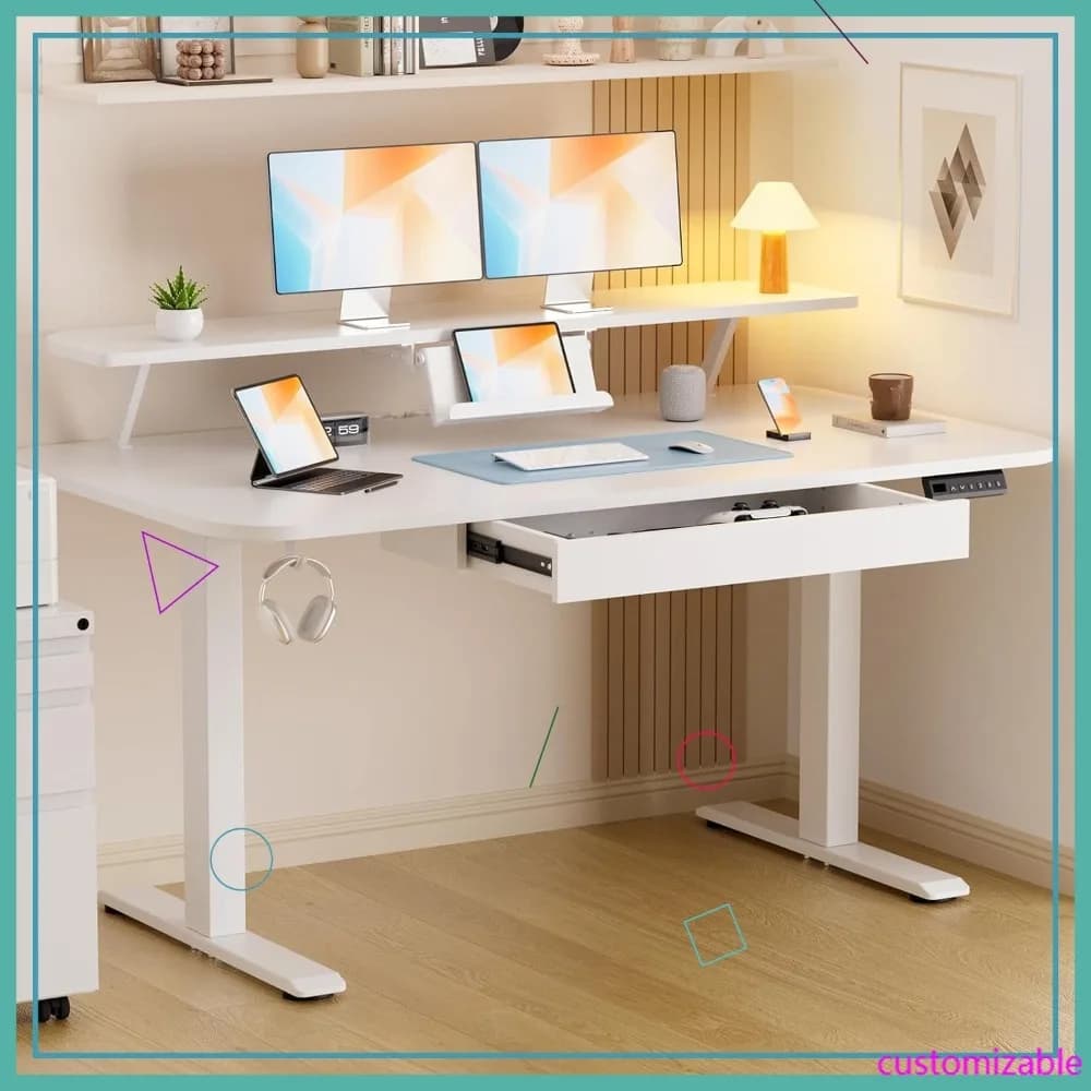 Height Adjustable Electric Desk with Drawers, 55x24 Inches, with Monitor Support and Storeable Settings