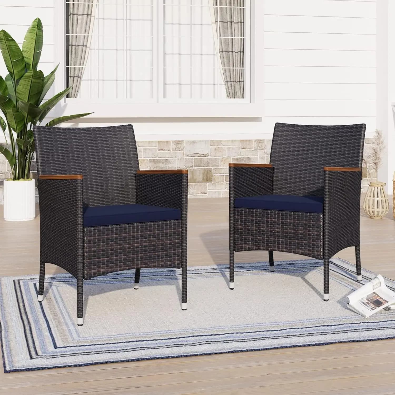 Rattan Patio Chairs Set of 2, 2 Pcs Wicker Outdoor Dining Chairs with Seat Cushions & ​Wood Armrest, Customized