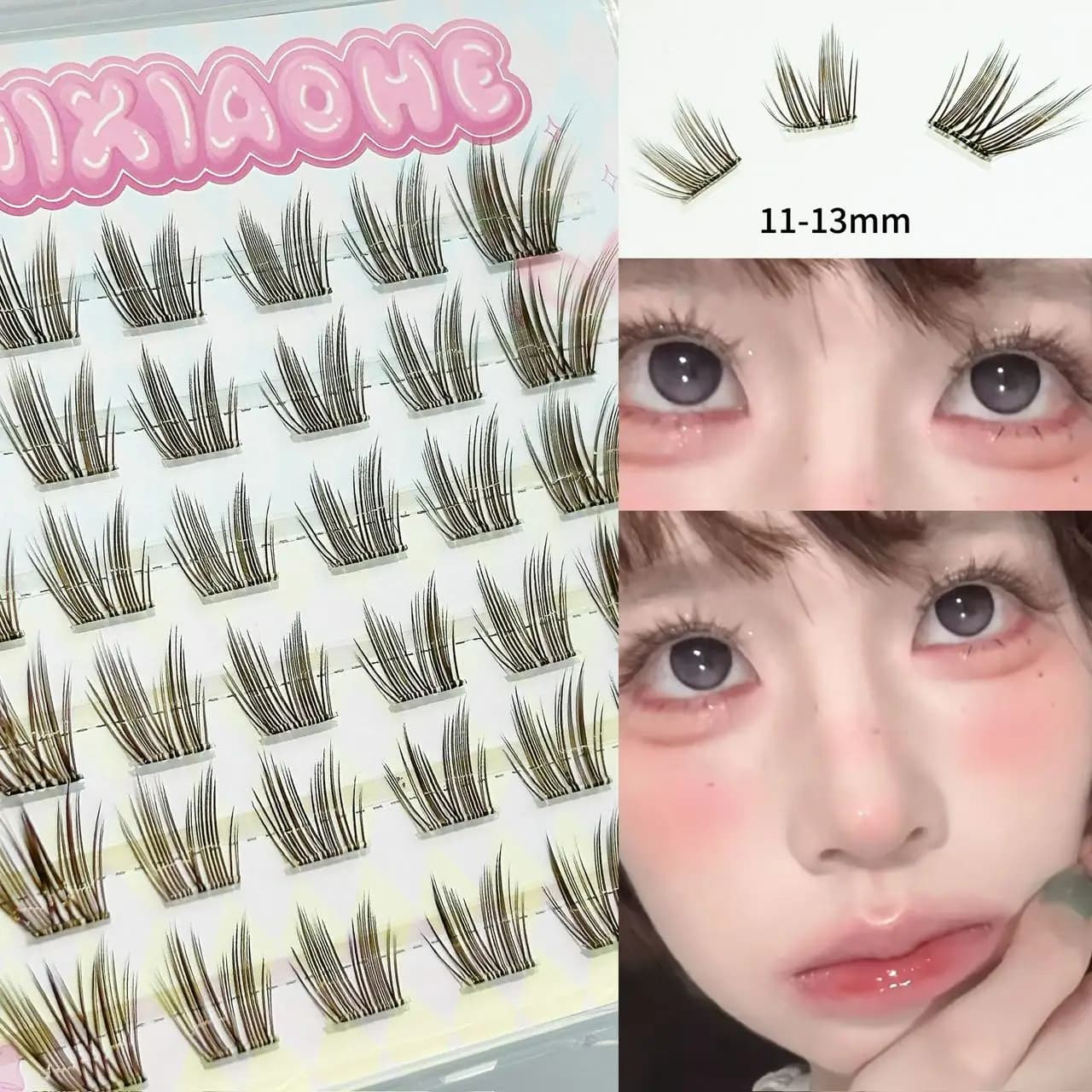 Mixiaohe Black Brown Glue-Free Cherry Lash Clusters 11-13mm Wispy Self-Adhesive Segmented Lashes Camera Ready Cute Daily Makeup