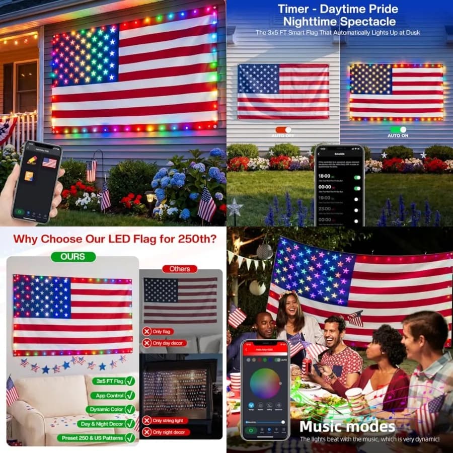 Bandiera Americana Illuminata Intelligente 3x5 FT, Bandiera Controllabile via App, Decorazioni per il 4 Luglio, Luci LED Sincronizzate con la Musica, Illuminazione Patriottica Fai-da-Te