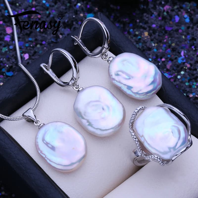 FENASY Natural Freshwater 12-16mm Big Baroque Pearl Jewelry Sets Silver Color Fashion Party Pendant Necklaces Drop Earrings Ring