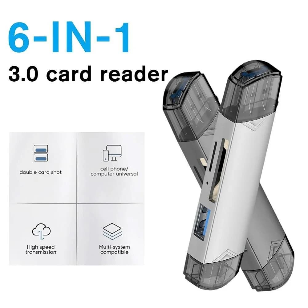 Lettore di schede USB 6 in 1 Computer per telefono cellulare USB universale/Micro/USB-C Caricato rapido Scheda di memoria da 2 TB Plug And Play Supporto OTG