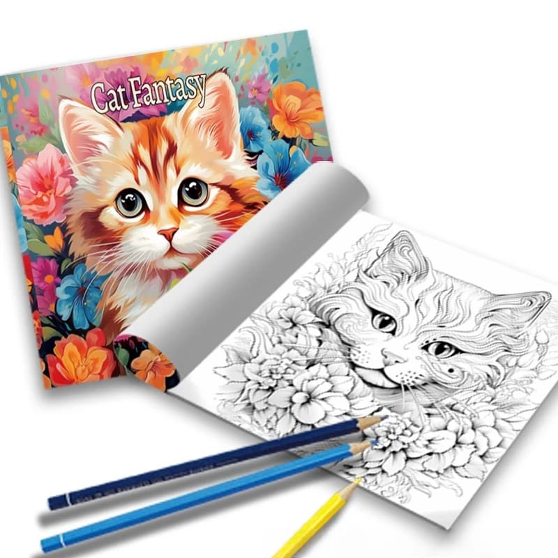 Whimsical Cat Fantasy Coloring Book Adorable Orange Tabby Cat Colorful Bloom Garden Flower Lovely Pet Sketch Notebook