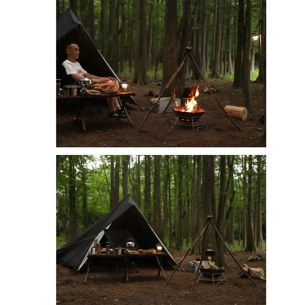Supporto per pentole da campeggio con catena regolabile, staccabile, portatile, per cucinare all'aperto, resistente al calore, facile da installare