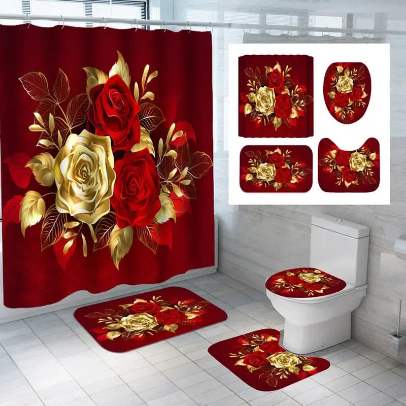 Tenda da doccia con rose dorate, tende da bagno con fiori, per San Valentino, decorazioni per vasca da bagno, tende da bagno con rose impermeabili con ganci