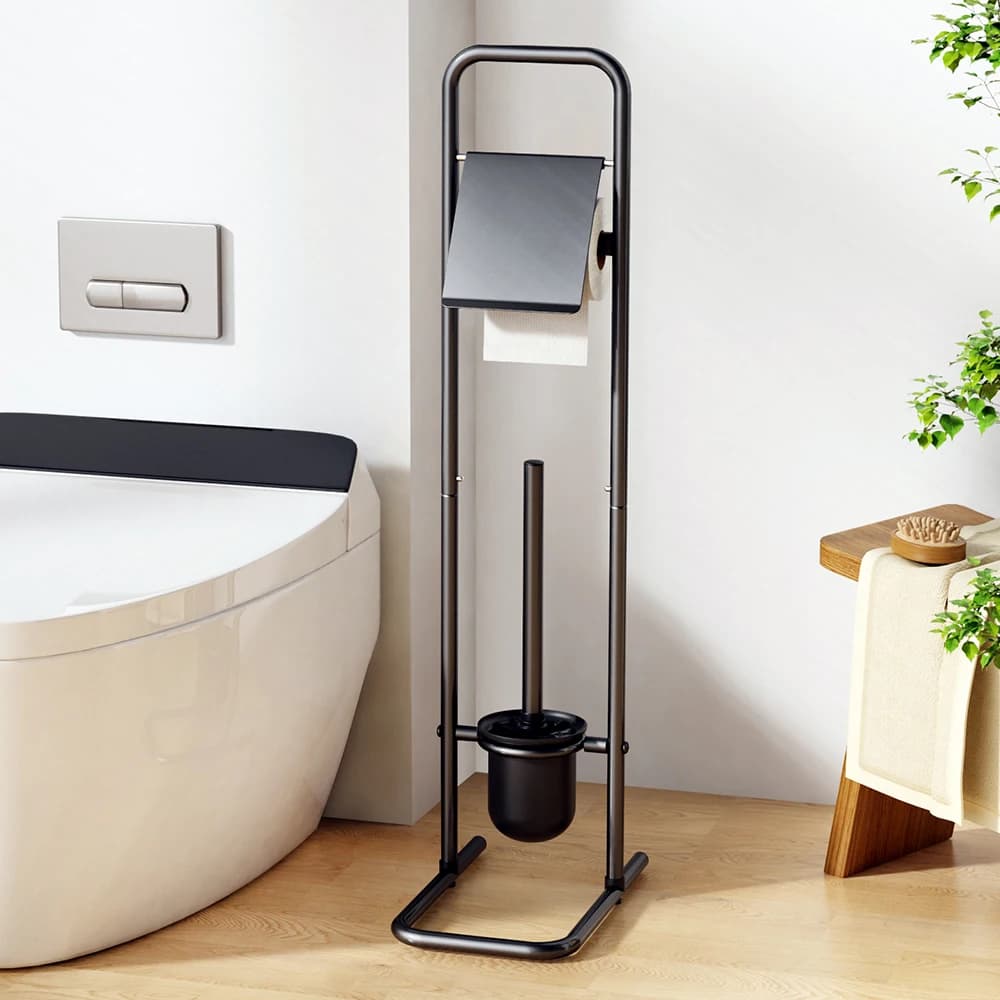 Toilet Brush and Holder Long Handled for Bathroom Floor standing model with tissue holder Heavy Duty Deep Cleaning Cleaner Brush