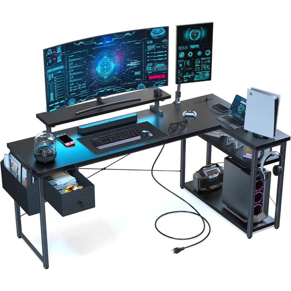 Scrivania da gioco a forma di L, scrivania per computer da 63 pollici con supporto regolabile e luci RGB, scrivania angolare per presa di corrente, struttura in fibra di carbonio