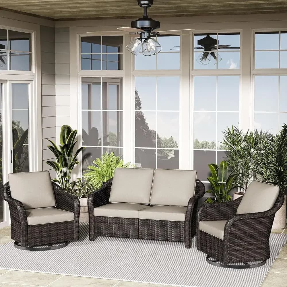 3 Pieces Patio Contion Set, 55" Soa with Washable Cushions, Wicker 360 Degree Swivel Glider Rocker Chairs, Wicker 2-Seat Couch o