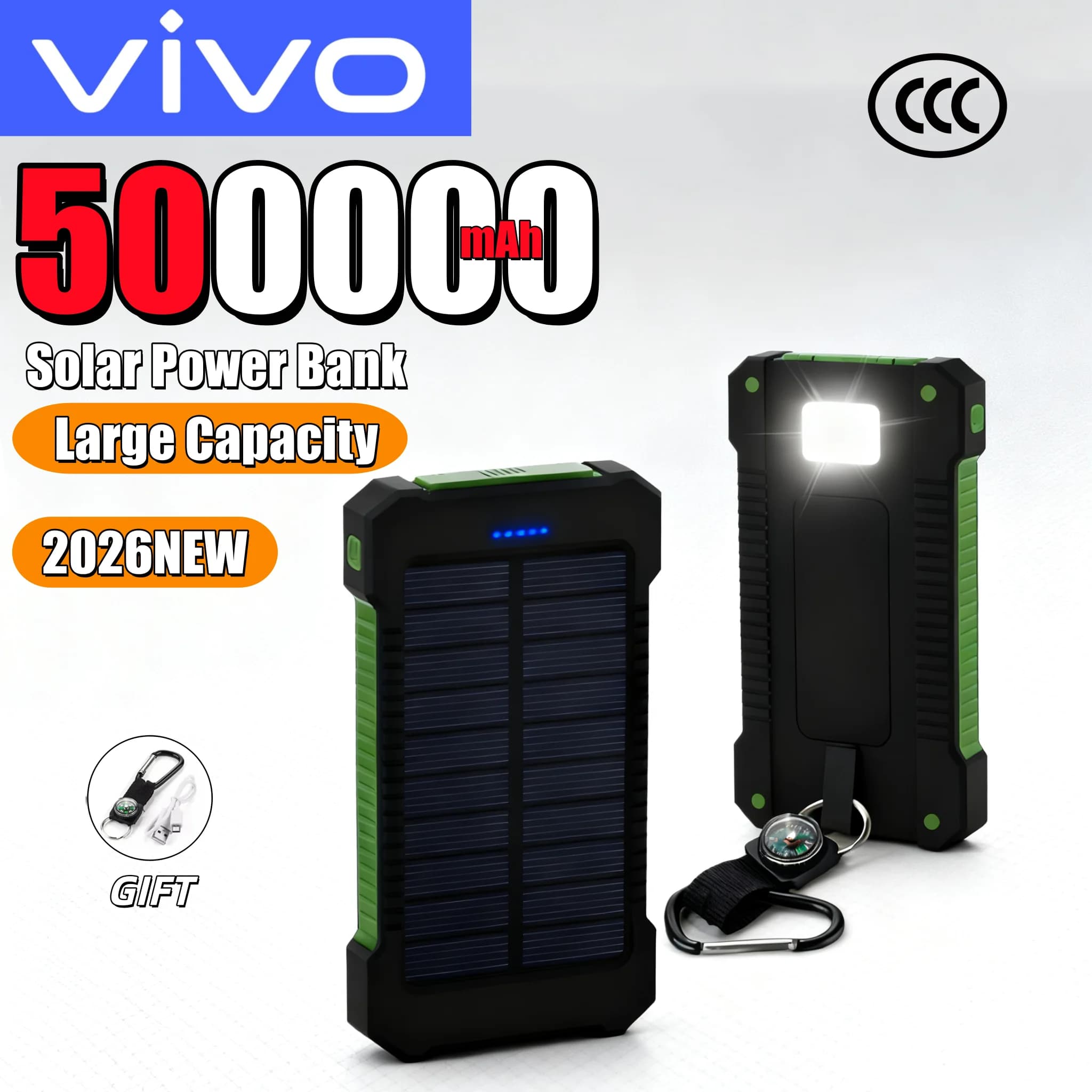 VIVO 500000mAh Solar Power Bank High Capacity Fast Charging Powerbank with SOS Flashlight For iPhone Huawei Samsung 2026 NEW