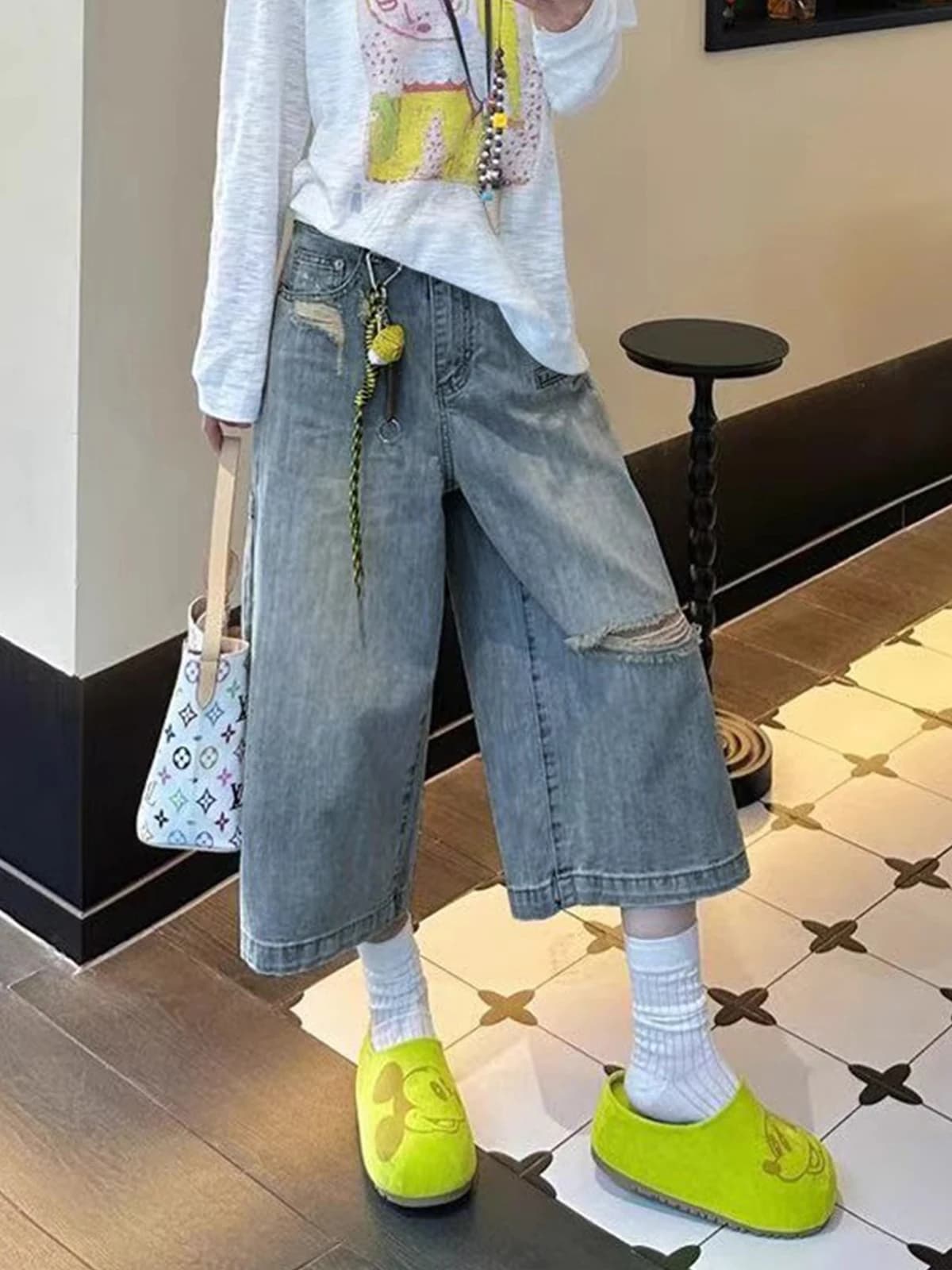 Ripped High Waist Wide Leg Seven-Foot Denim Jeans Women's Summer New Style Worn-look Loose Straight Casual Trousers