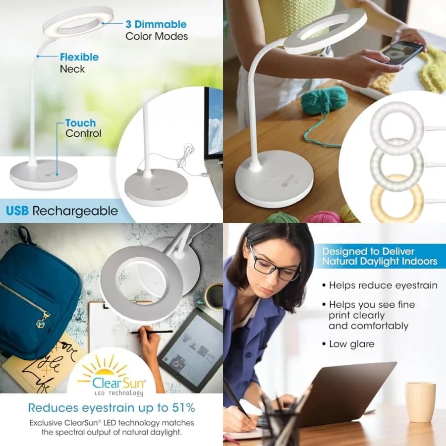Lampada ad Anello LED Vibe, Ricaricabile e Portatile, 3 Temperature di Colore, Luce da Lettura, Lampada da Tavolo per Lavoro e Scrivania, per Casa