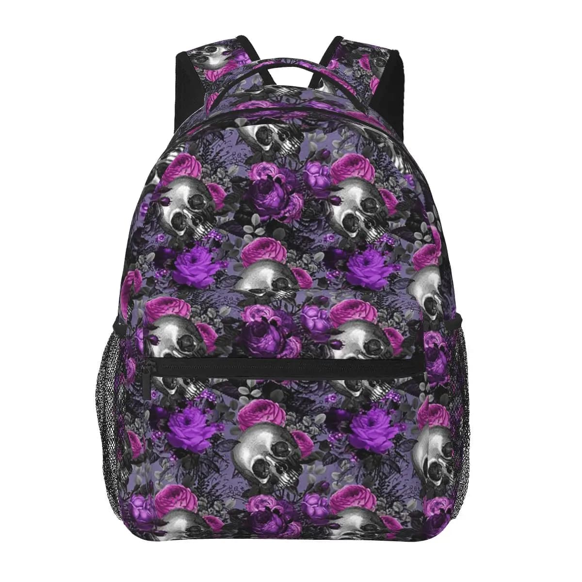 Zaino da studente con teschio e fiore viola gotico, borsa da scuola, zaino da viaggio per escursioni, per ragazzi e ragazze, borsa a tracolla alla moda
