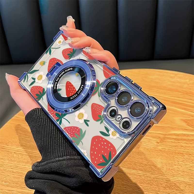 Phone Case For Samsung Galaxy A54 A23 4G A13 A24 A14 A34 A73 A53 A33 5G Strawberry Lemon Print Plating Holder Stand Cover