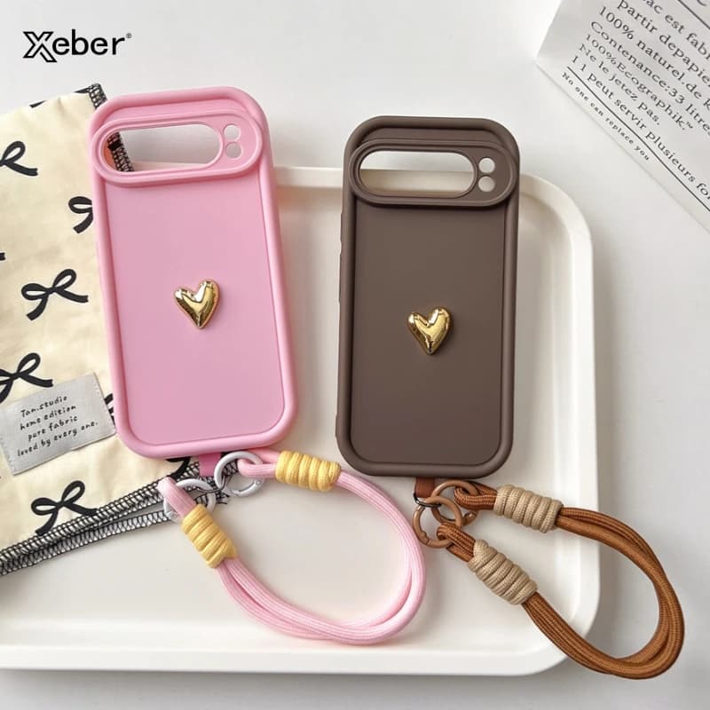 Custodia per telefono con cordino a forma di cuore d'amore 3D di lusso per Google Pixel 7 8 9 Pro XL 8A Catena da polso Cinturino da polso Custodia protettiva in TPU morbido antiurto