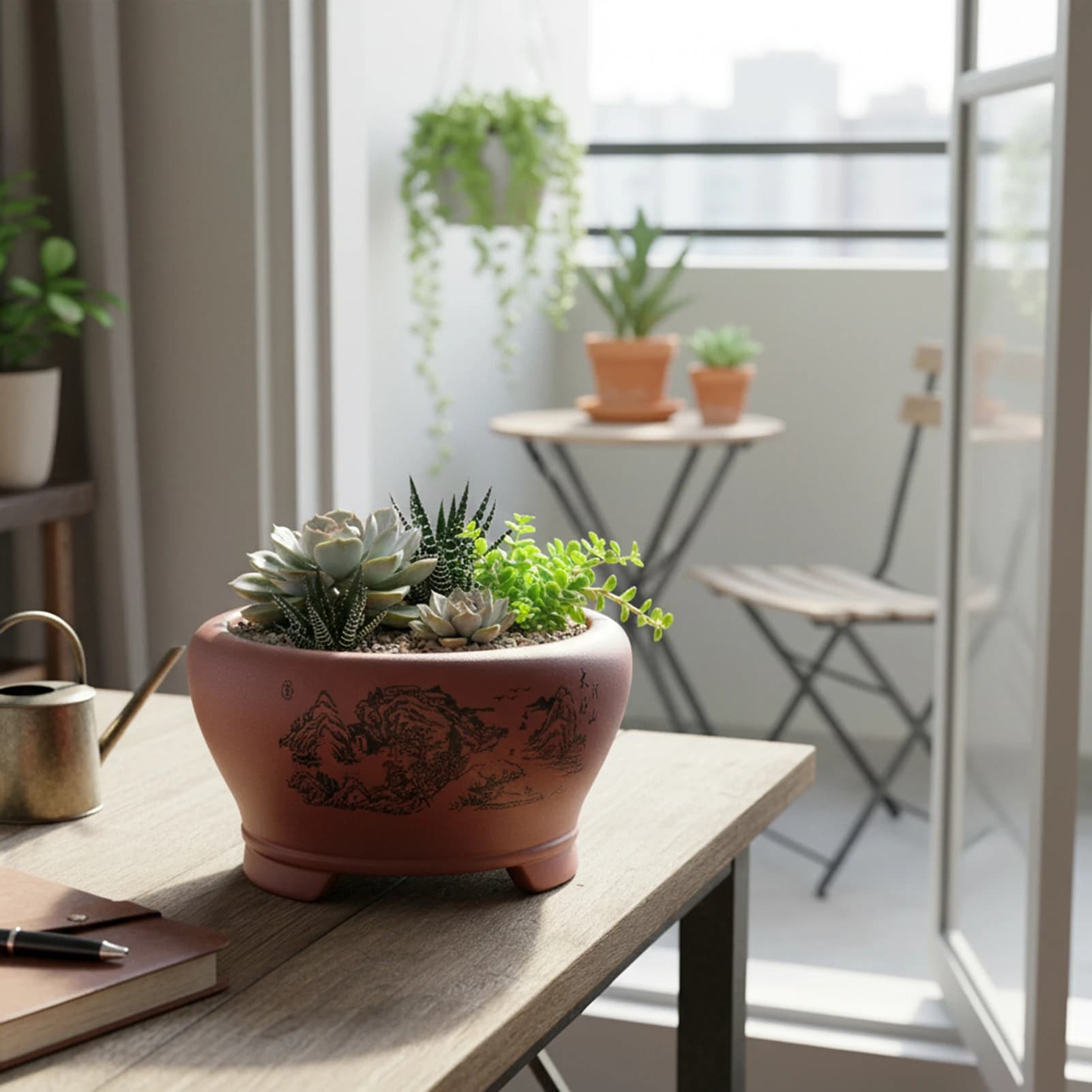 Round Sand Ceramic Planter Pot Succulents and Small Plants for Desk Balcony Decoration