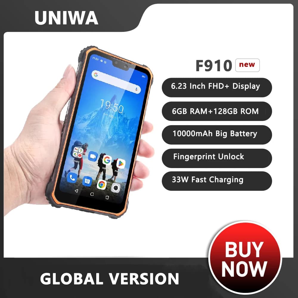 UNIWA F910 4G Smartphone robusto Android IP68 Sblocco impronte digitali 10000mAh 6GB + 128GB FHD + Cellulare NFC Versione globale