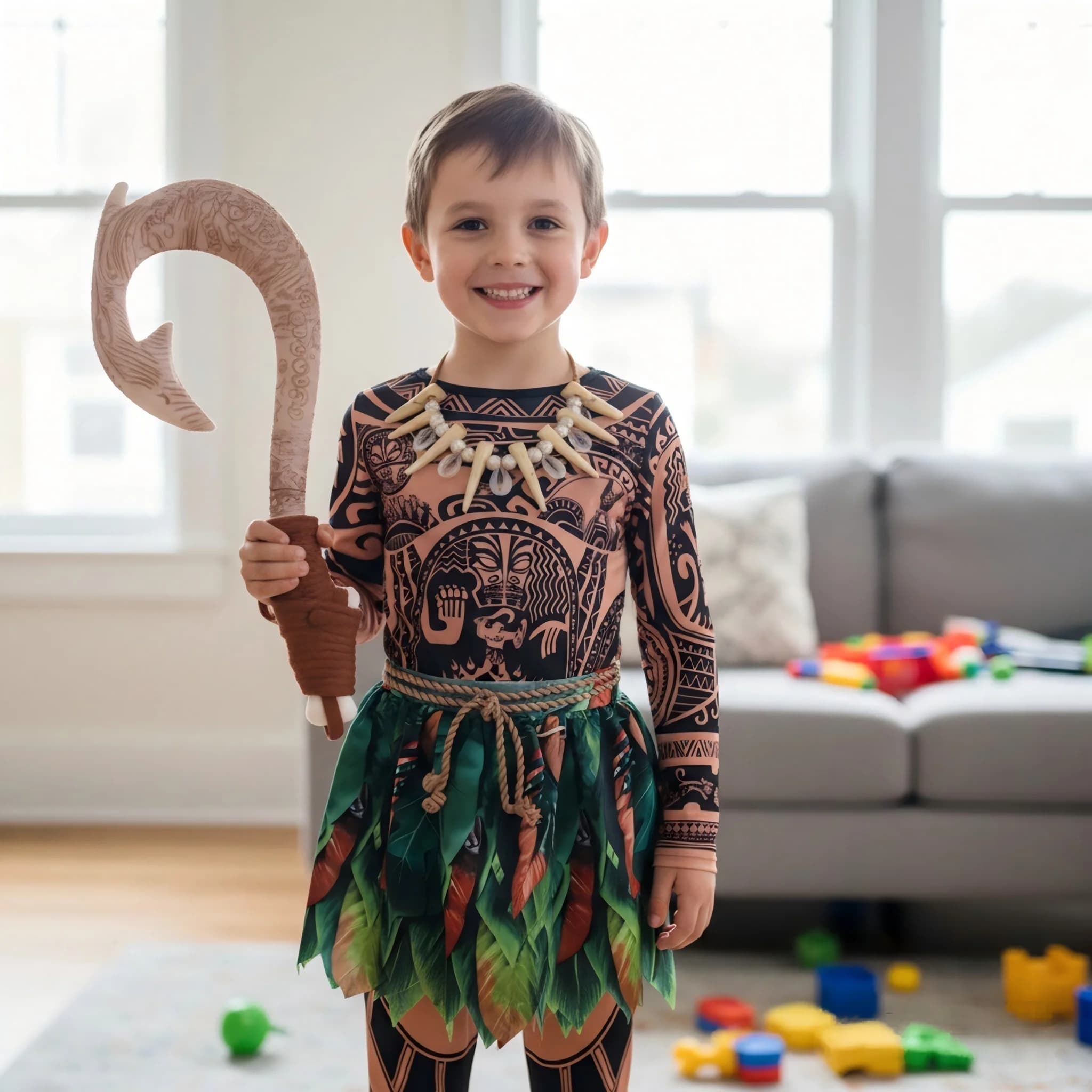 Maui Kids Cosplay Costume Moana Tattoo Clothes Leaf Pants with Fish Hook Wig Necklace Boys Halloween Party Outfit