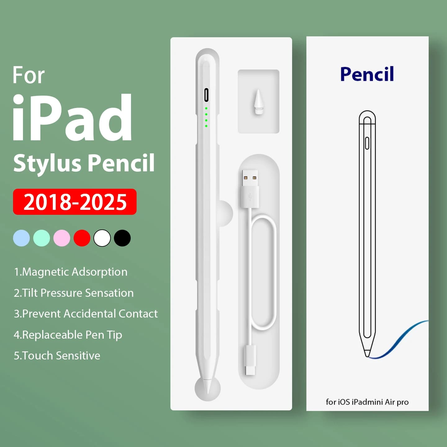 Penna Stilo per Apple Pencil Compatibile con iPad A16 Pro 11a Gen, M5, M4, 13, 12.9, Air 11, M3, M2, 5, 4, 3, 10a Gen, 9a Gen, Mini 7, 6