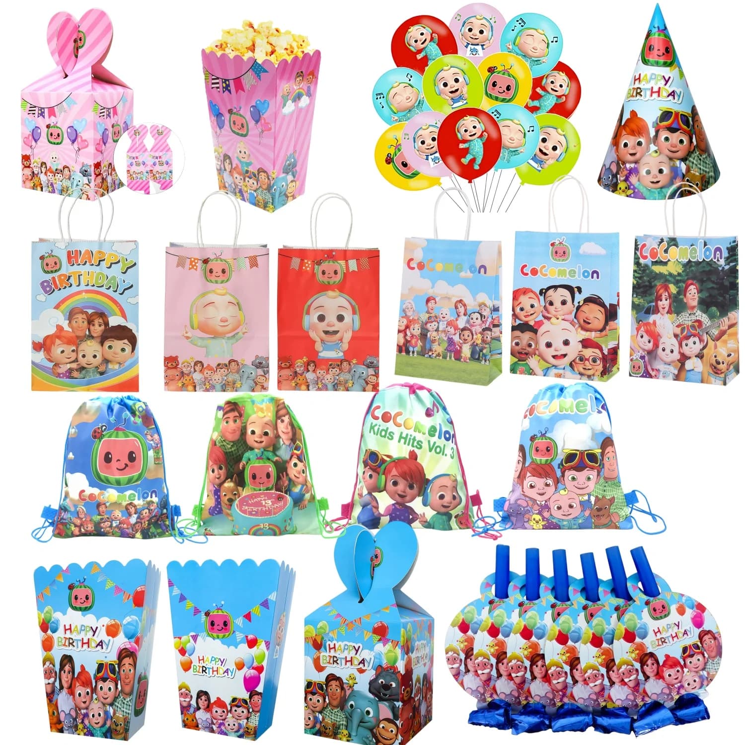 6/12Pcs Cocomelon Theme Kids Birthday Party Favor Set Gift Bags Candy Boxes Drawstring Backpacks Balloons for Baby Shower Decor