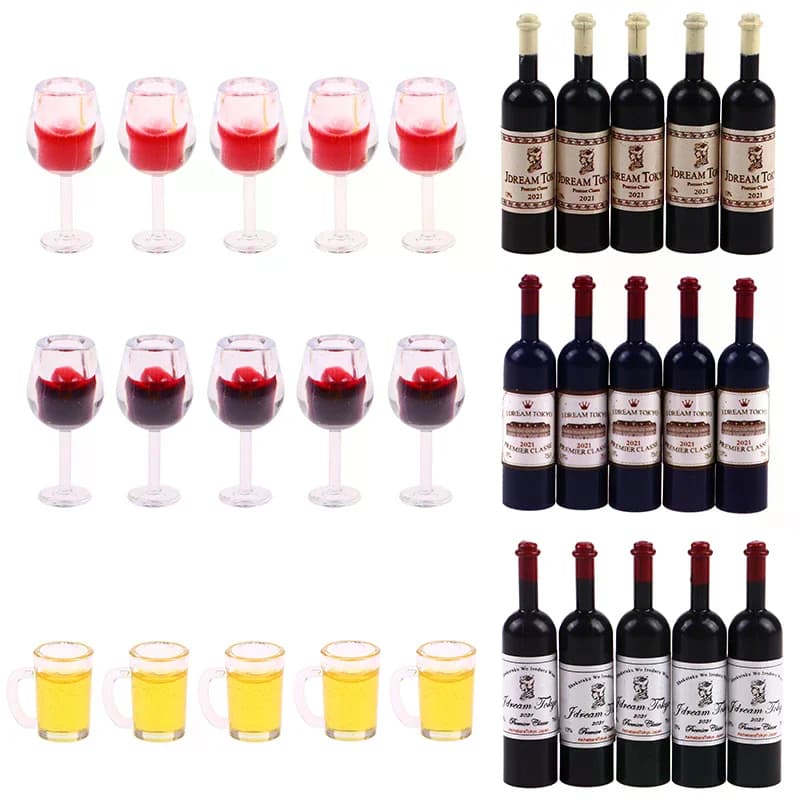 Set di 5 Miniature 1:12 per Casa delle Bambole: Bottiglie di Vino, Bicchieri di Birra, Modellini di Bevande per Arredamento Mini Bar