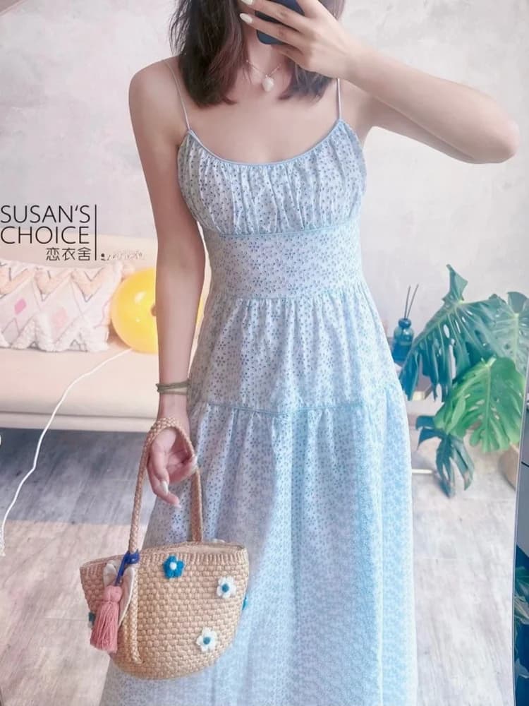 Abito Slim Fit in Misto Cotone Blu Susan Do, Gonna a Linea A Ricamata Senza Spalline, Abbigliamento Casual per Giovani Donne, Stagione Primaverile