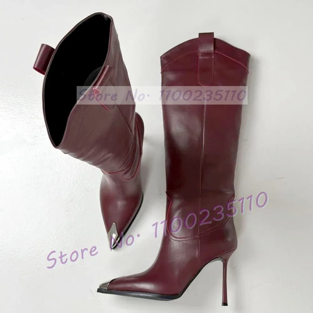 Stivali alti al ginocchio con punta a punta in metallo marrone Scarpe eleganti da donna con tacco alto sottili ed eleganti Stivali alti da donna con tomaia cava a forma di V