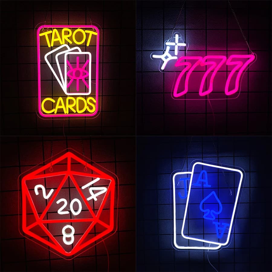 Entertainment Series Led Neon Signs, Tarot Cards And Dice Icons, Suitable For Bedroom, Man Cave, Club, Game Room, Casino Decor.