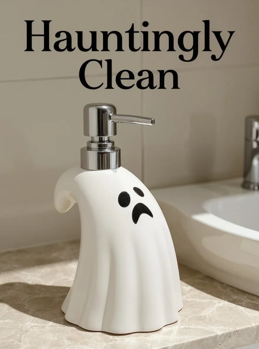 Dispenser di sapone fantasma in ceramica da 400 ml con pompa argentata – Decorazione del bagno di Halloween, simpatica bottiglia di sapone liquido spettrale per lavello