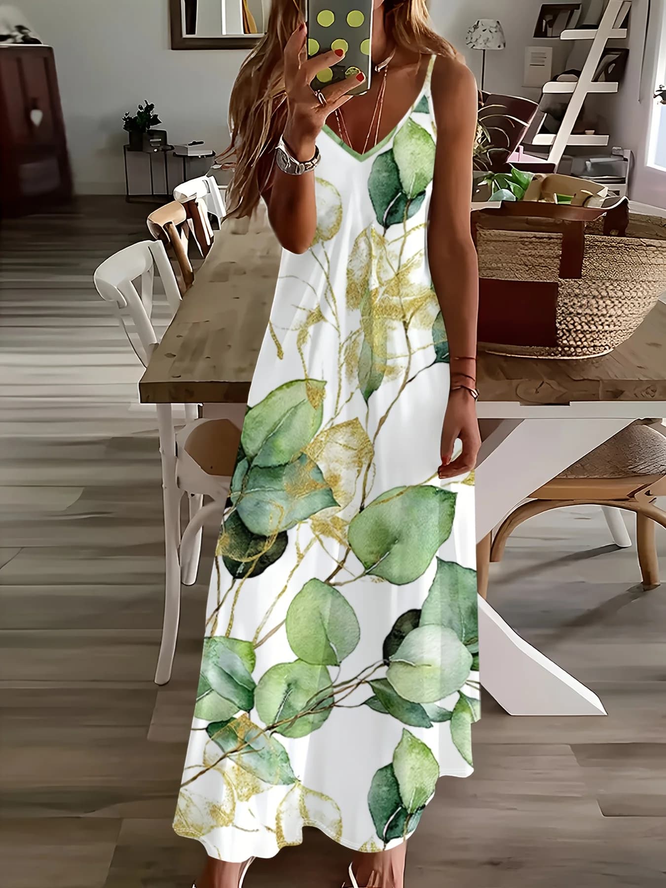 Printed Design Green Leaves Gold Accents White Background Four Seasons elegant style casual style sling dress
