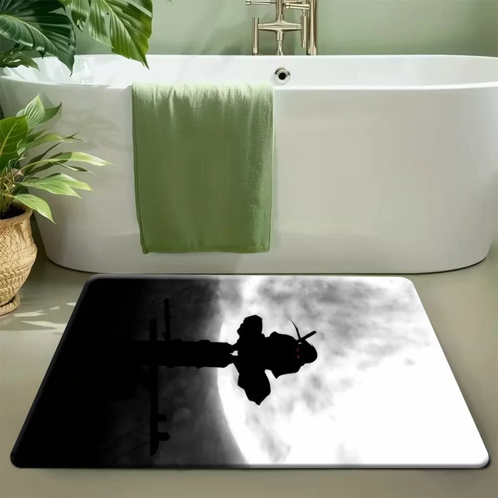 Tappetino da bagno con stampa Anime Naruto Itachi Uchiha Silhouette su pali elettrici con luna piena, tappeto da bagno lavabile e assorbente antiscivolo per