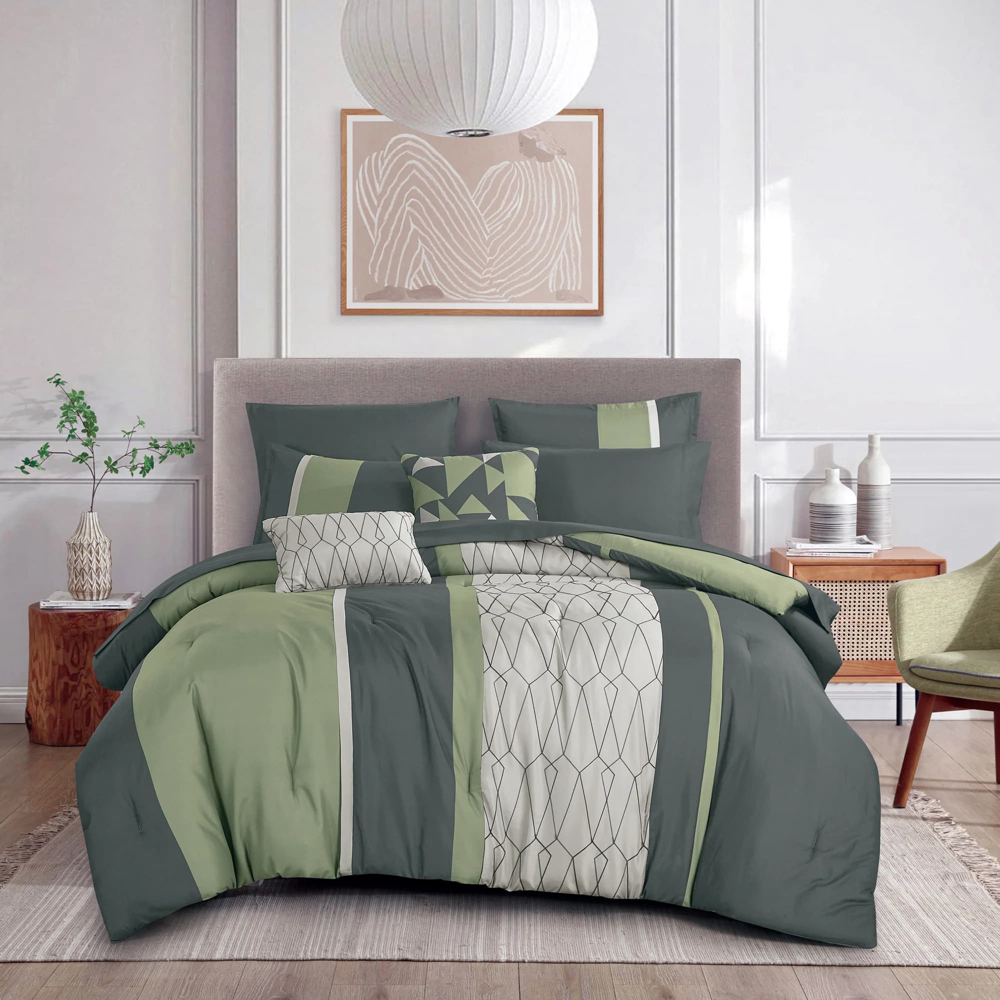 Set Copripiumino di Lusso 9 Pezzi con Lenzuola, Moderno Set Letto Verde Geometrico, Morbido Set Biancheria da Letto in Microfibra Oversize, Queen King Cal King