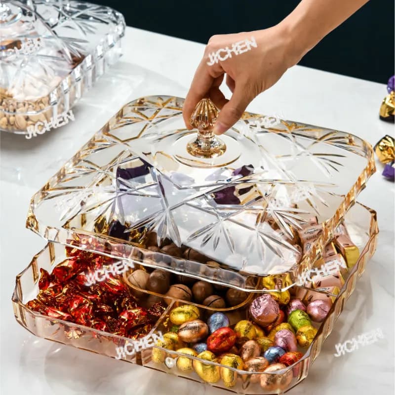 ZQ Scomparto per piatti di frutta secca in stile europeo con coperchio Scatole di caramelle trasparenti in plastica per soggiorno domestico MJ708