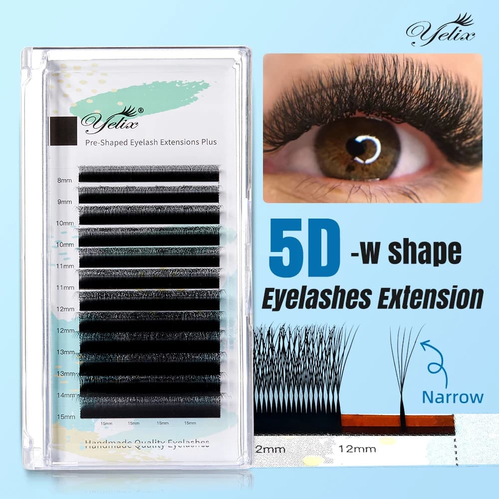 Yelix Extension Ciglia 5D-W a Spaziatura Ridotta, Forma a W 5D Stretta, Premade Blooming, Morbide e Naturali, per Trucco Viso Classico