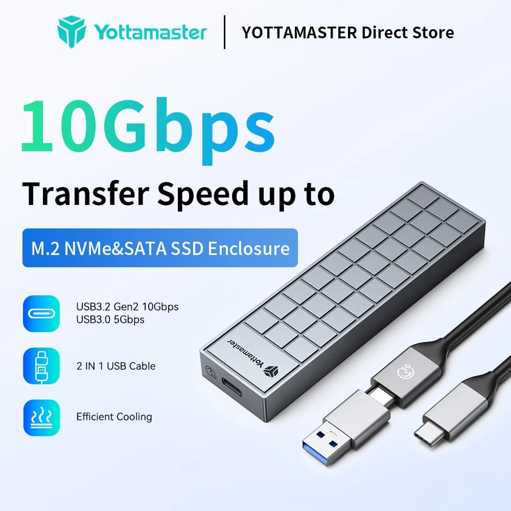 Yottamaster 10Gbps M.2 NVMe NGFF SSD Enclosure Dual Portocol NVMe to USB Adapter USB 3.1 Gen2 External Case Box Aluminum alloy