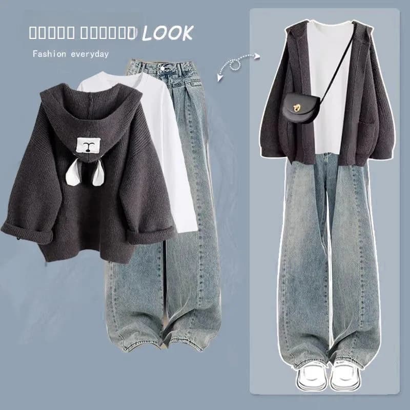 Cardigan Aperto in Maglia da Donna, Top Casual con Cappuccio, Set Tre Pezzi per l'Autunno, Abbigliamento Casual da Indossare con Jeans