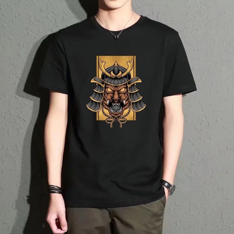 Men's Black Round-Neck Short-Sleeved T-Shirt, Japanese-Style Warrior Print Loose Top, Street Fashion Casual Style, Comfortable and Versatile for Everyday Outings