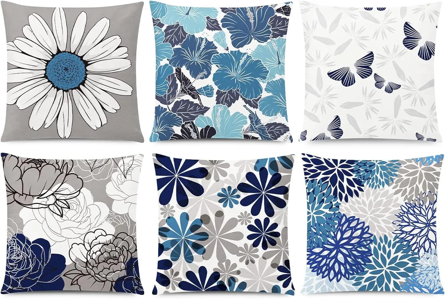 Set of 6 pillow covers with gray blue daisy flowers for sofa, living room, rustic style decorations