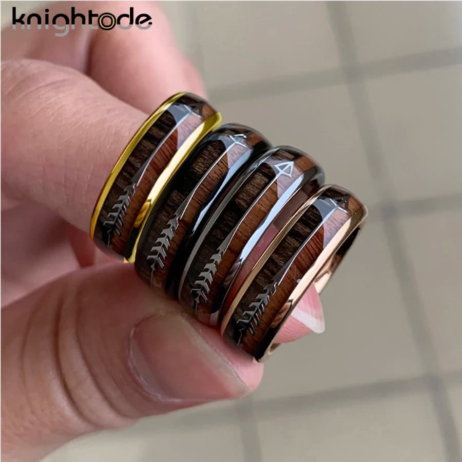 Anello in carburo di tungsteno da 6 mm Freccia in acciaio inossidabile/Intarsio in legno Koa per uomo Donna Fede nuziale Coppia regalo Cupola Lucida Comfort Fit