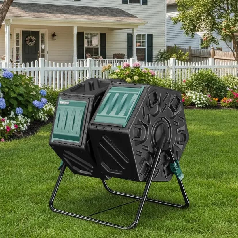 Compostiera a Doppia Camera, Bidone Rotante da 2x18,5 Galloni con Sistema di Aerazione e Blocco per Giardino, Cucina e Cortile